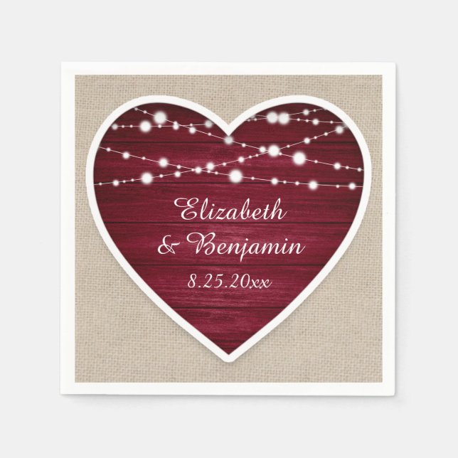 Burgundy Heart String Lights Burlap Wedding Serviette (Vorderseite)