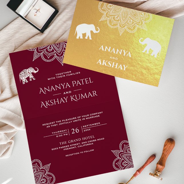 Burgundy Henna Elephant Indian Wedding Gold Folienkarte (Von Creator hochgeladen)