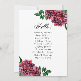 Burgundy Hochzeitssitzkarte. Dahlias-Plan Einladung