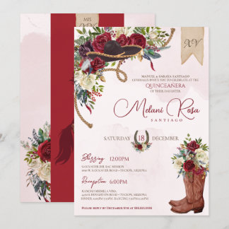 Burgundy Holiday Floral Western Charro Quinceanera Einladung