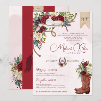 Burgundy Holiday Floral Western Charro Quinceanera Einladung
