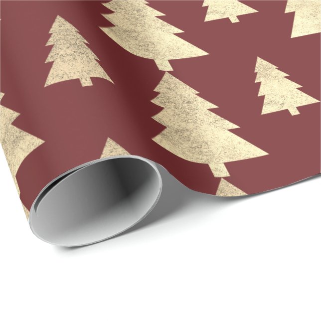 Burgundy Hütte Goldene Blüte Weihnachtsbaum Geschenkpapier (Rolleneckpunkt)