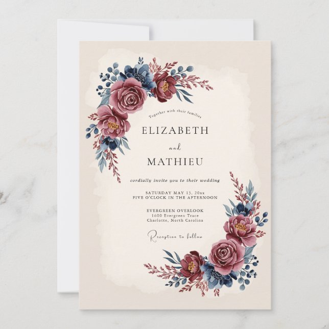 Burgundy Illustrious Winter Wedding Einladung (Vorderseite)
