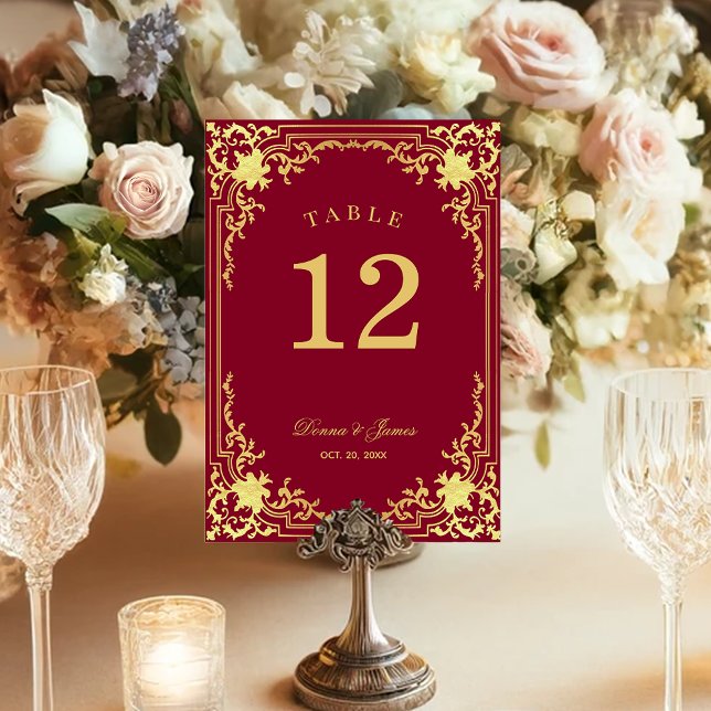 Burgundy Imitate Gold Hochzeit mit elegantem Scrip Tischnummer (Von Creator hochgeladen)
