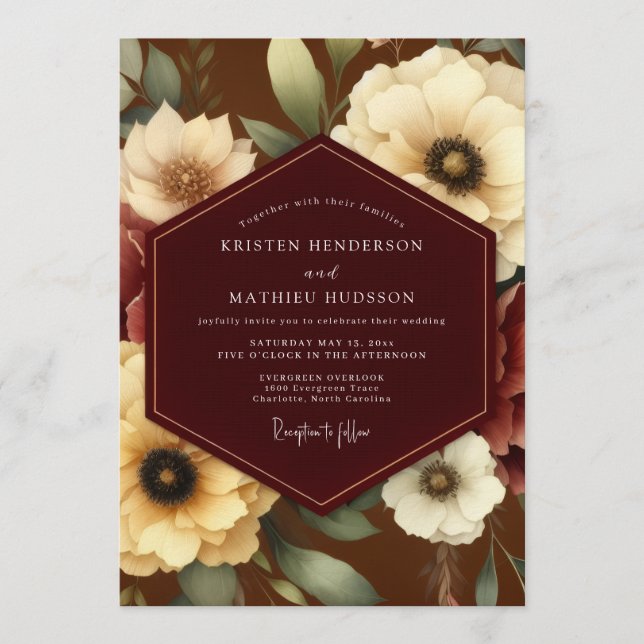 Burgundy Ivory Bloom Wedding Einladung (Vorderseite)