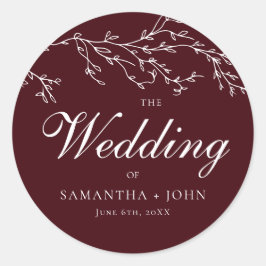 Burgundy & Ivory Botanical Elegant Wedding Runder Aufkleber