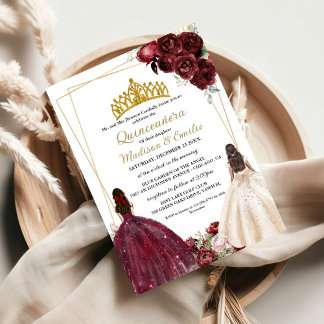 Burgundy & Ivory Butterfly Twin Quinceanera Einladung