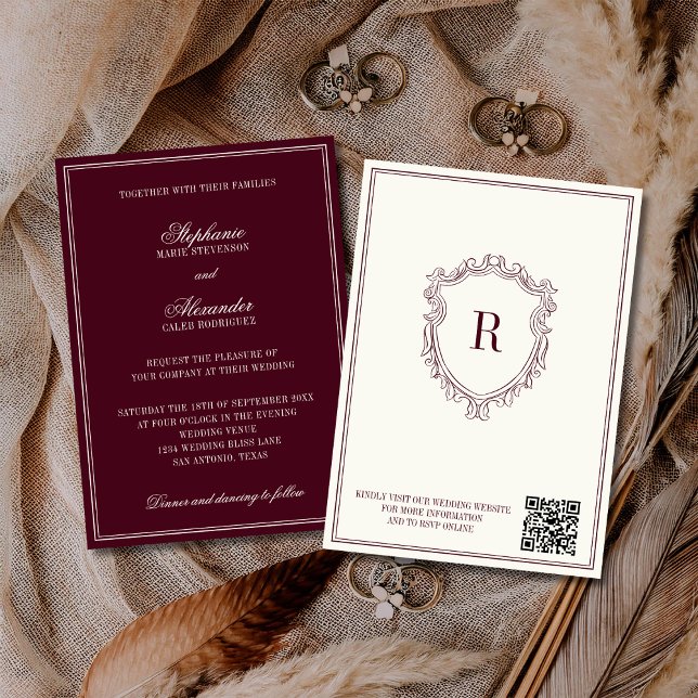 Burgundy & Ivory Crest Old Money QR Code Wedding Einladung (Von Creator hochgeladen)