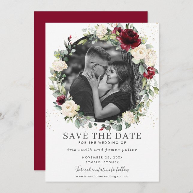 Burgundy Ivory Floral Foto Save the Date Karte (Vorne/Hinten)