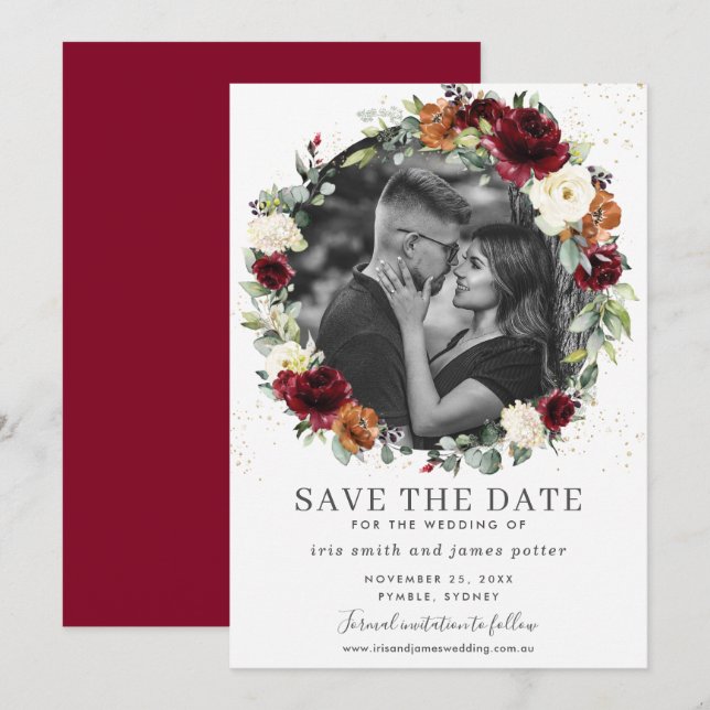 Burgundy Ivory Floral Foto Save the Date Karte (Vorne/Hinten)