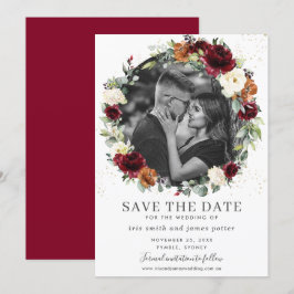 Burgundy Ivory Floral Foto Save the Date Karte