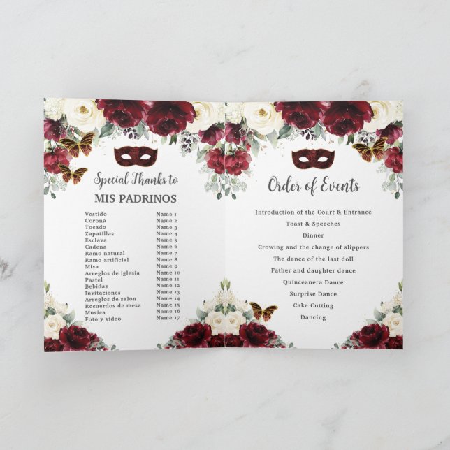 Burgundy Ivory Floral Gold Quinceañera Masquerade Programm (Innenseite)