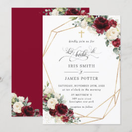 Burgundy Ivory Floral Rose Boda Spanish Wedding Einladung