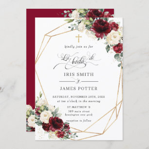 Burgundy Ivory Floral Rose Boda Spanish Wedding Einladung