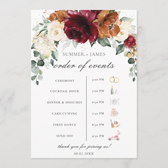 Burgundy Ivory Rust Floral Wedding Order of Event  Programm (Vorderseite)
