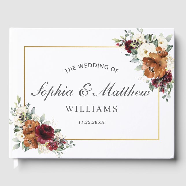 Burgundy Ivory Rust Orange Floral Greenery Wedding Gästebuch (Vorderseite)