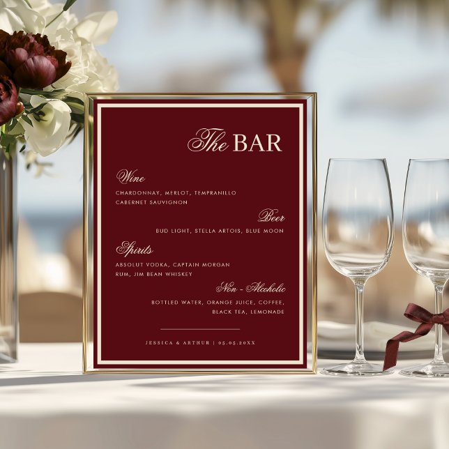 Burgundy & Ivory The Wedding Bar Drink Menu Sign Poster (Von Creator hochgeladen)