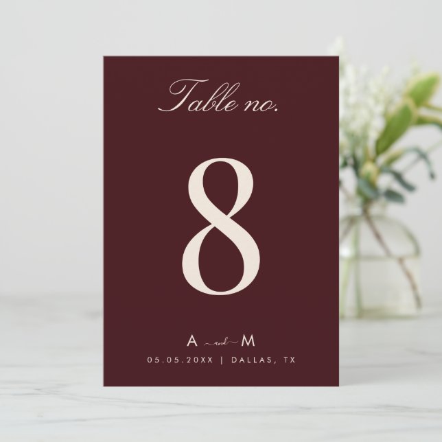 Burgundy & Ivory Wedding 5x7 Table Number Card Einladung (Stehend Vorderseite)