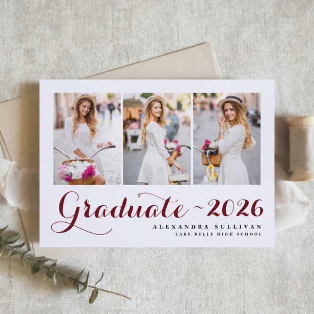 Burgundy-Klasse 2025 Foto Collage Abschluss Ankündigung (Customizable burgundy photo graduation announcement featuring modern calligraphy. )