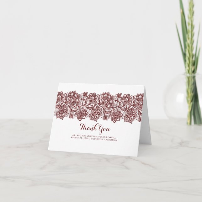 Burgundy Lace Elegant Wedding Vielen Dank Dankeskarte (Vorderseite)