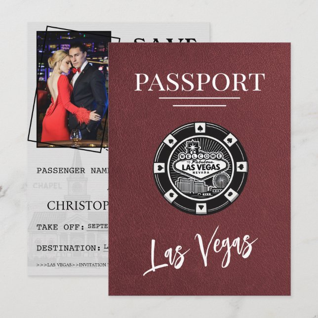 Burgundy Las Vegas Passport Save the Date (Vorne/Hinten)