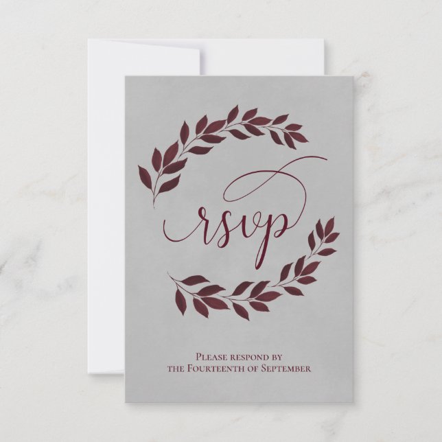 Burgundy Laurel Verlasse über die Hochzeit von Gra RSVP Karte (Vorderseite)