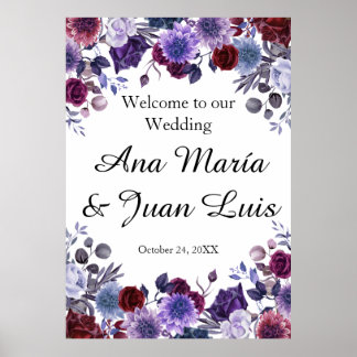 Burgundy Lavender Dusty Blue Minimalist Floral Poster