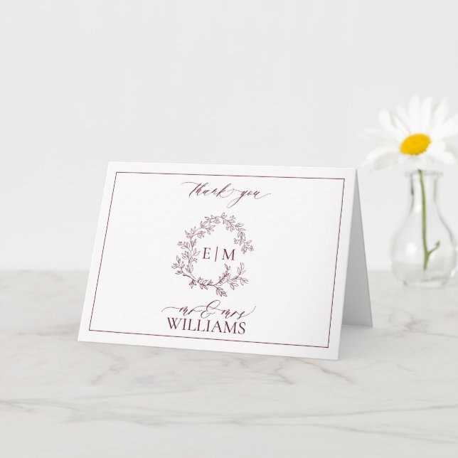 Burgundy Leafy Wappen Monogram Foto Vielen Dank Karte (Kleine Pflanze)