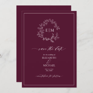 Burgundy Leafy Wappen Monogram Save the Date Einladung