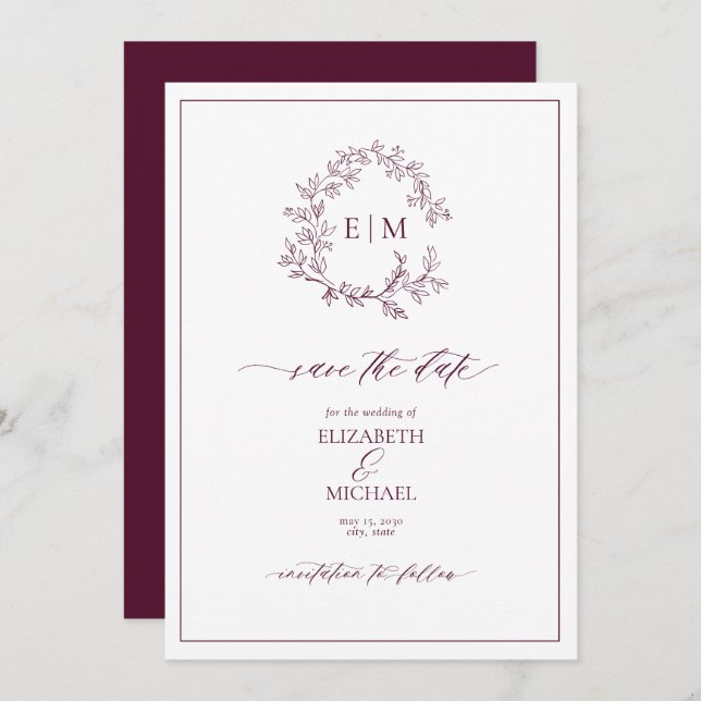 Burgundy Leafy Wappen Monogram Save the Date Einladung (Vorne/Hinten)