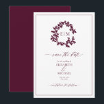 Burgundy Leafy Wappen Monogram Save the Date Einladung<br><div class="desc">Zeitlos. Ausgereift. Ganz unvergesslich. Dieses Monogramm aus Burgund Leafy Wappen ist Save the Date die perfekte Einführung in Ihre Hochzeitsfeier. Mit seinem raffinierten Botanischen Kranzmonogramm, seiner eleganten Schrift und den tiefburgundischen Akzenten erinnert dieses Design an klassische Romantik und mühelosen Luxus. Das Hotel ist eine hervorragende Wahl für Weinbergshochzeiten, historische Anwesen...</div>