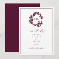 Burgundy Leafy Wappen Monogram Save the Date