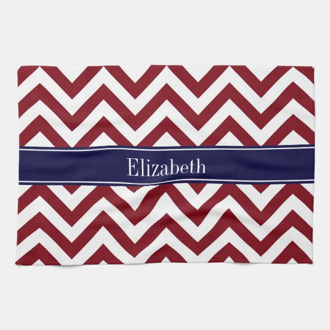 Burgundy Lg Zickzack Navy Name Monogram Geschirrtuch (Horizontal)