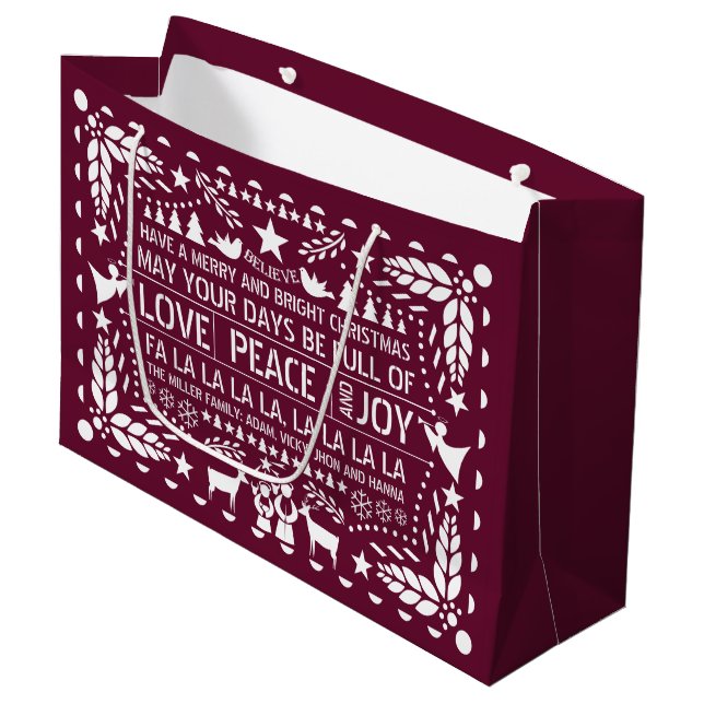 Burgundy Liebe Peace Joy Papel Picado Weihnachten Große Geschenktüte (Vorderseite Schrägansicht)