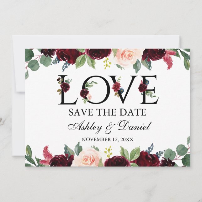 Burgundy Liebe Wasserfarben Save the Date (Vorderseite)