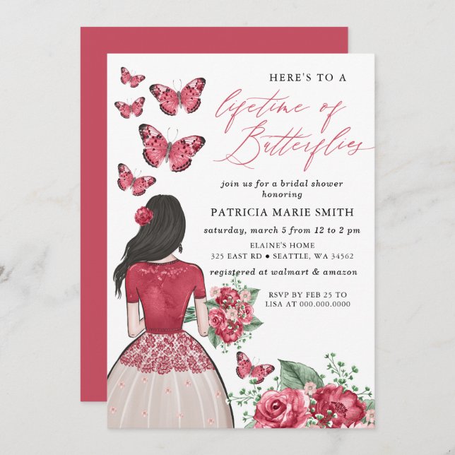 Burgundy Lifetime von Butterflies-Brautparty Einladung (Vorne/Hinten)