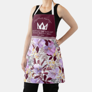 Burgundy Lila Floral Königin der Küche Schürze