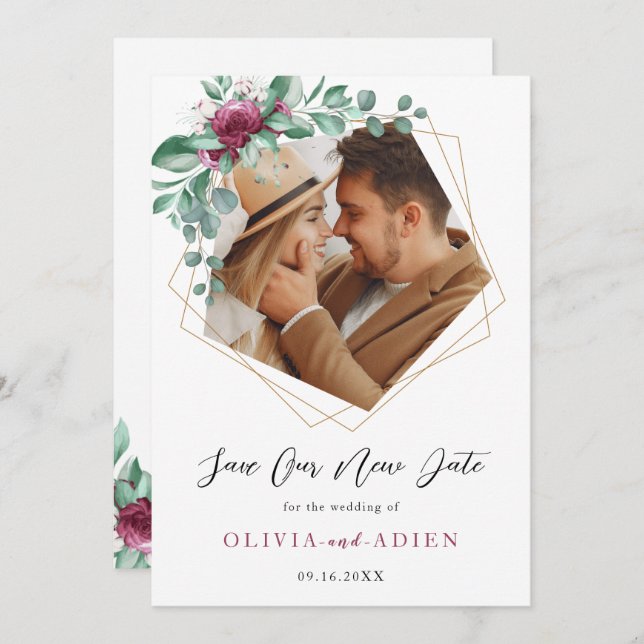 Burgundy Lila Ivory Floral Geometric Foto Save The Date (Vorne/Hinten)