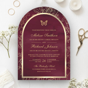 Burgundy Line Art Gold Arch Butterfly Hochzeit Einladung