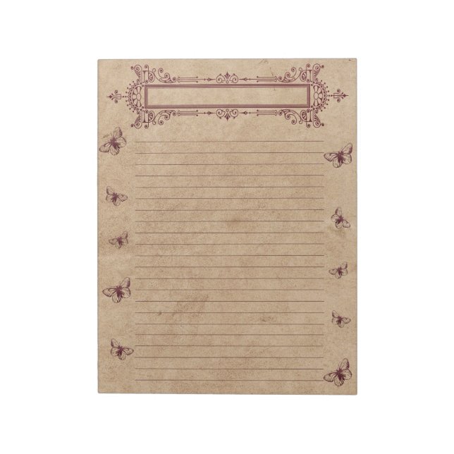 Burgundy Lines Butterfly Border Rustic Parchment Notizblock (Rotiert)