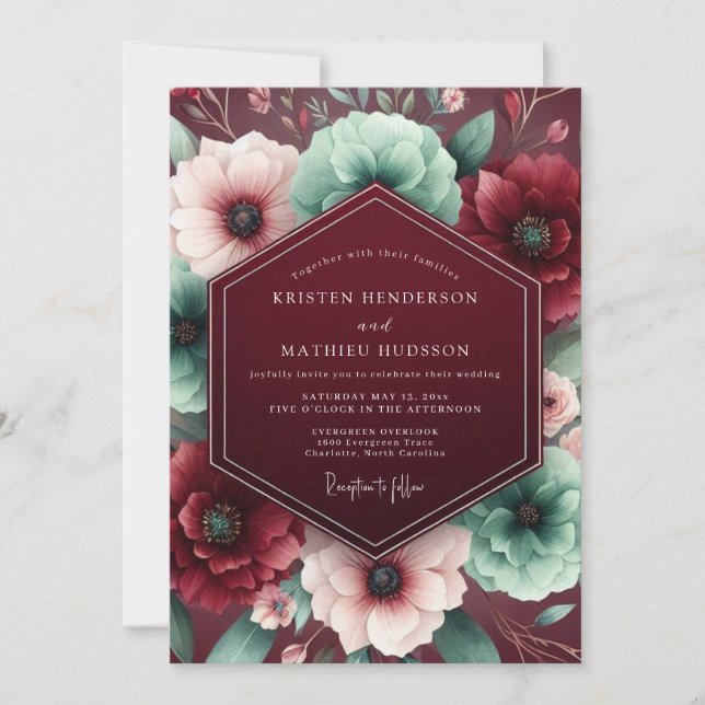 Burgundy Lush Floral Wedding Einladung (Vorderseite)