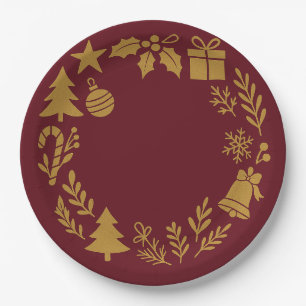 Burgundy Luxuriöse Gold Wreath Classic Weihnachten Pappteller