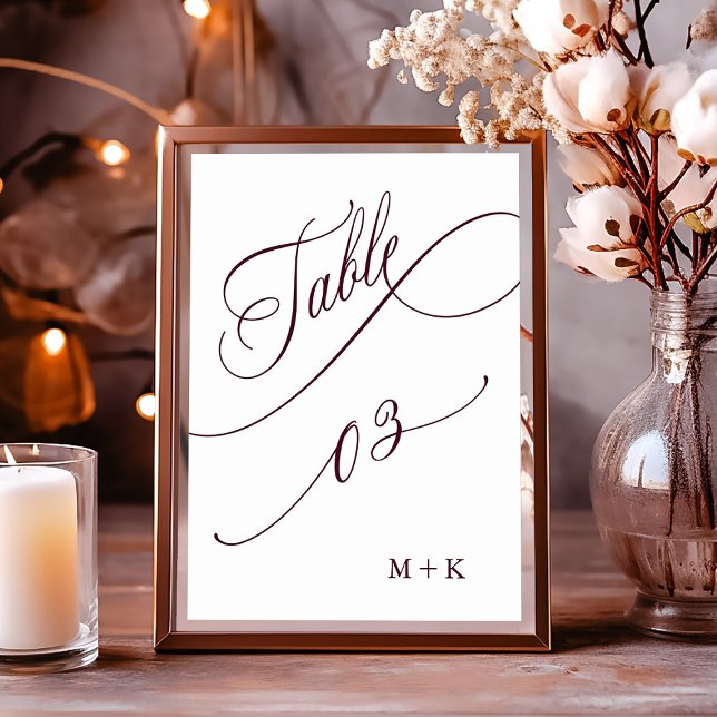 Burgundy Luxury Calligraphy Wedding Number 3, Tischnummer (Von Creator hochgeladen)