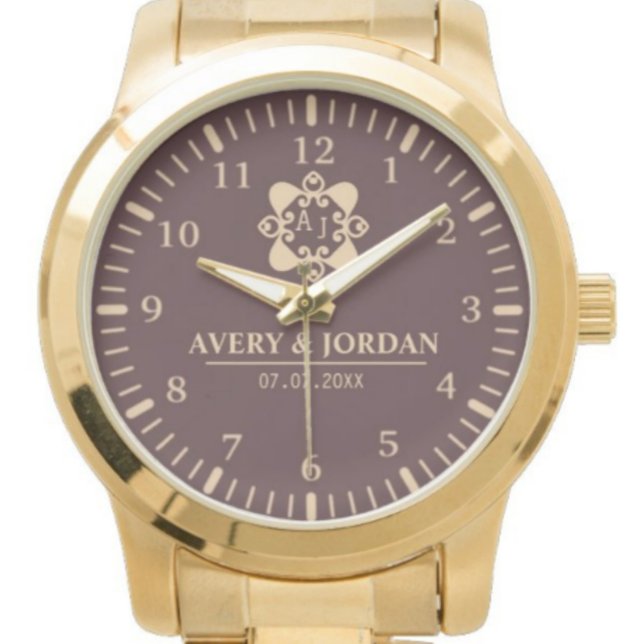 Burgundy luxury elegant couple Monogram  Armbanduhr (Von Creator hochgeladen)