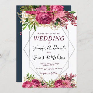 Burgundy Marine blau rot silber Wasserfarbe Blüte Einladung