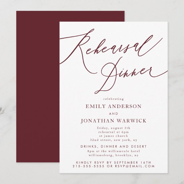 Burgundy Maroon Calligrafy Wedding Probe Einladung (Vorne/Hinten)