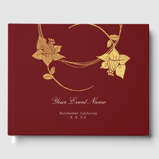 Burgundy Maroon Champaign Gold Floral Wedding Red Gästebuch (Vorderseite)
