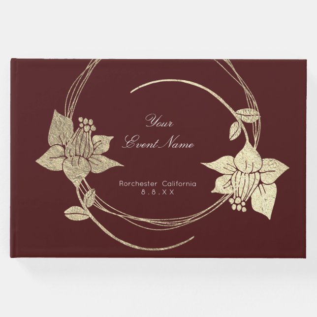 Burgundy Maroon Champaign Gold Floral Wreath Lux Gästebuch (Vorderseite)