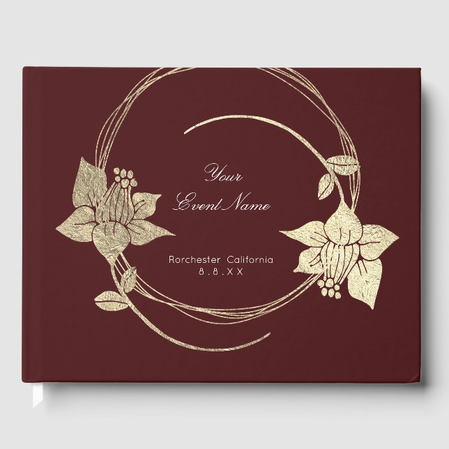 Burgundy Maroon Champaign Gold Floral Wreath Lux Gästebuch (Vorderseite)