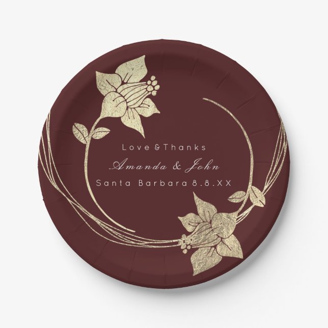 Burgundy Maroon Champaign Gold Floral Wreath Lux Pappteller (Vorderseite)